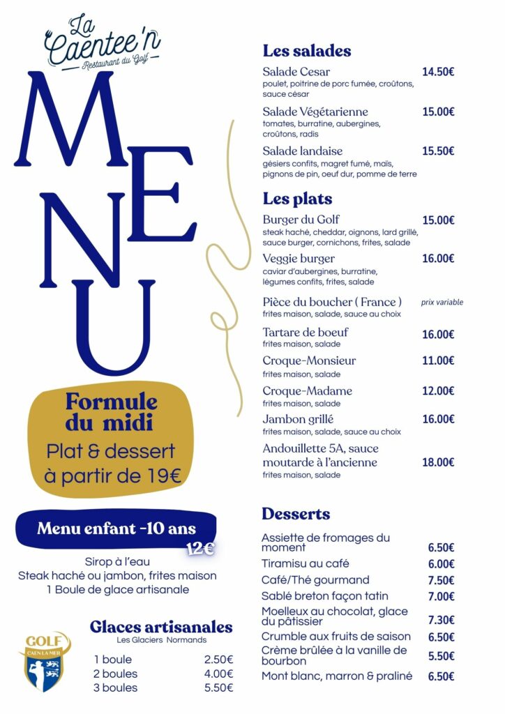 Le menu du restaurant du Golf avec les classiques de la brasserie, le tout fait maison